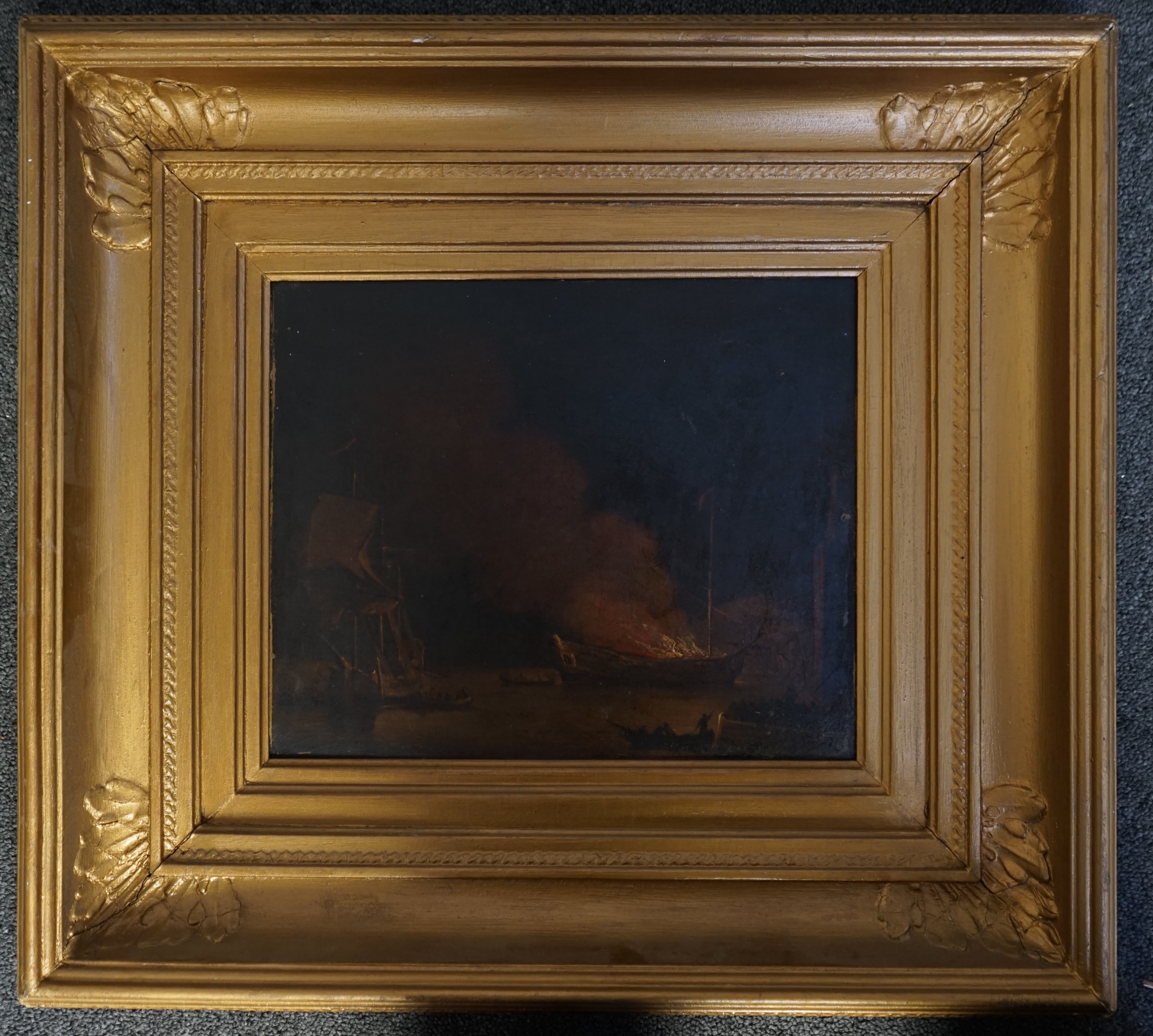 Circle of Thomas Luny (British, 1759-1837), A burning ship at night, oil on canvas, 24 x 29cm